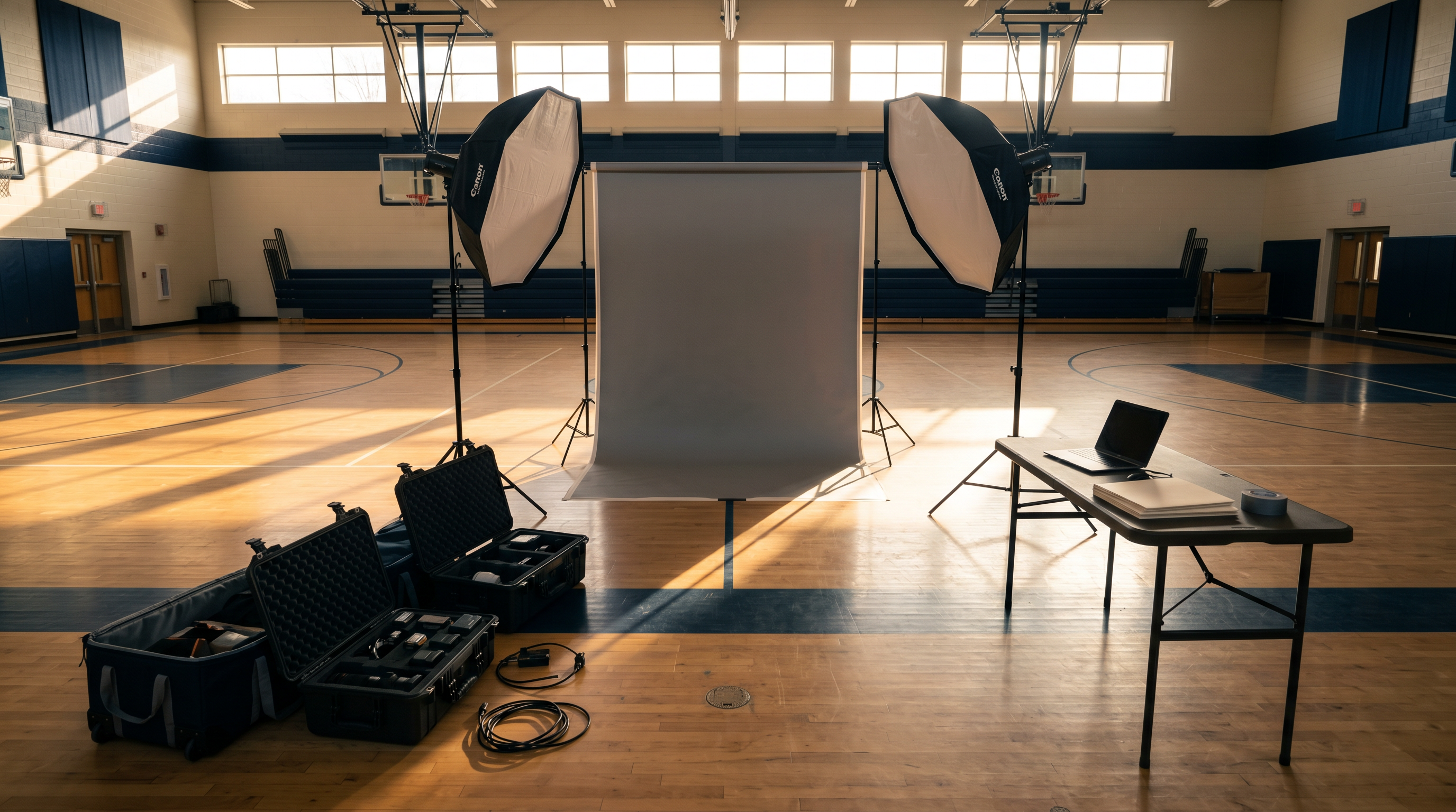 DLS Innovations professional lighting and backdrop set up in a school gym before picture day