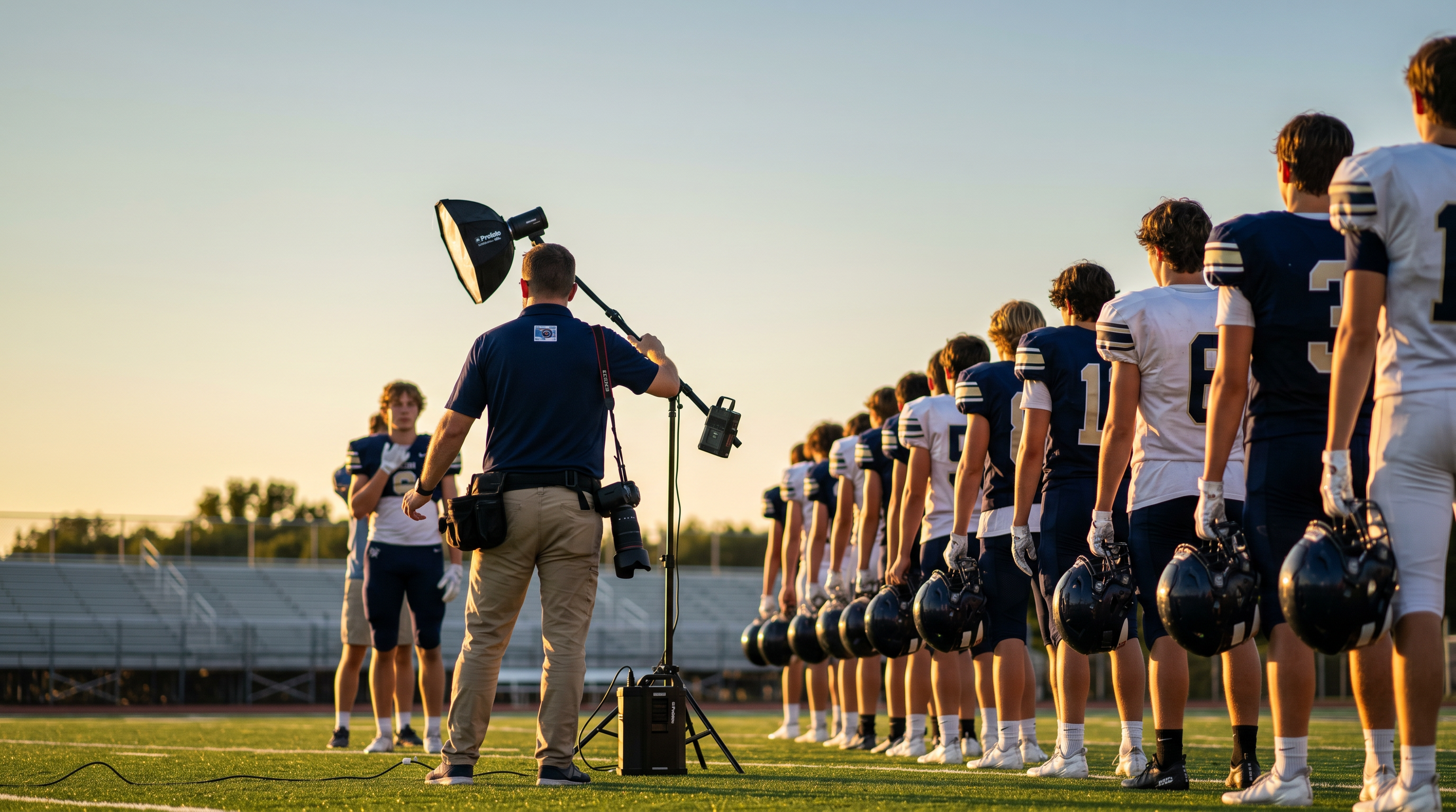 DLS Innovations photographer at a youth-sports media day at golden hour
