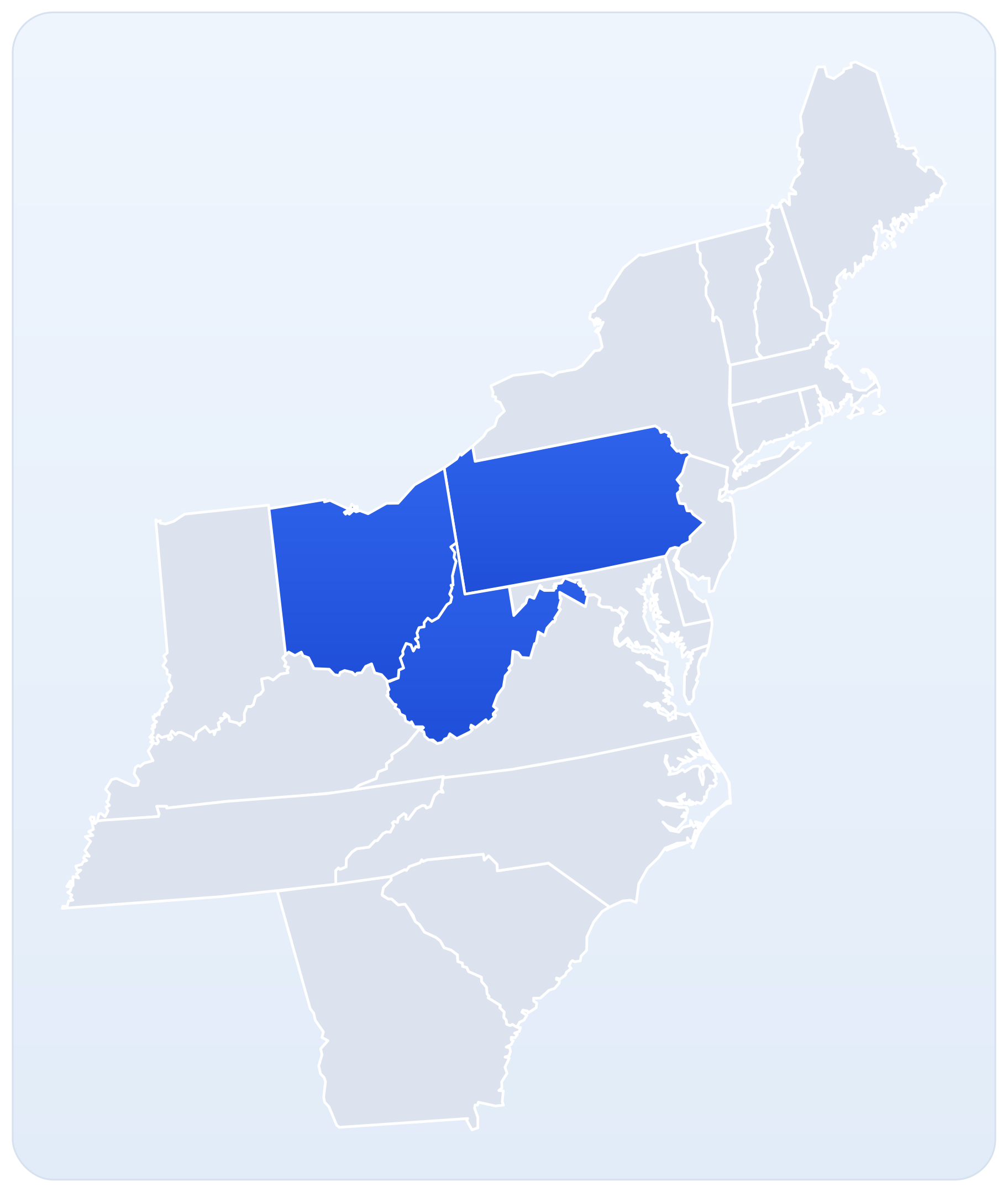 Map of DLS Innovations service area — Ohio, Pennsylvania and West Virginia highlighted across the region