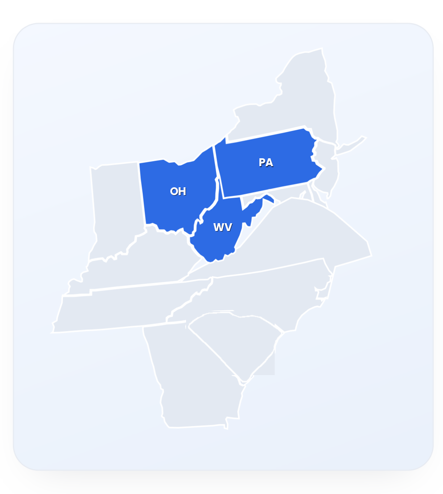 Map of DLS Innovations service area — Ohio, Pennsylvania and West Virginia highlighted across the region