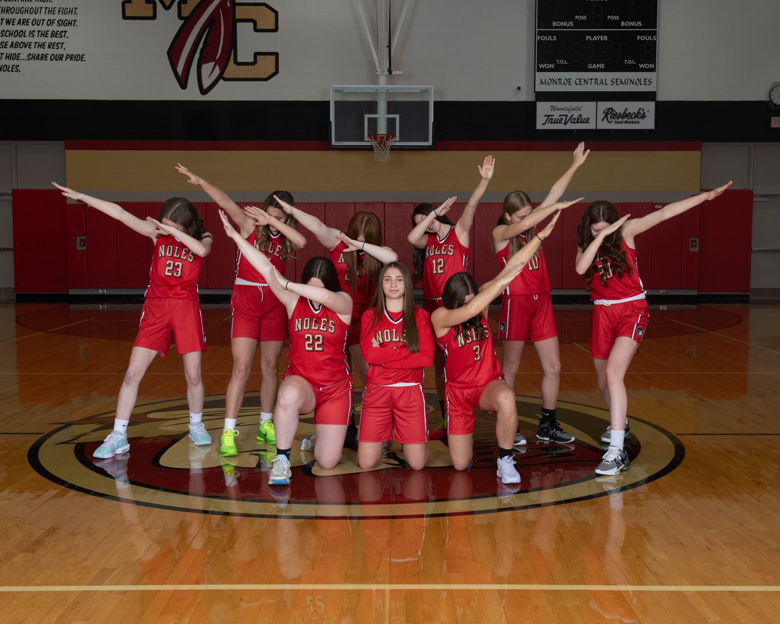 Monroe Central Seminoles team on their home court, real school photography by DLS Innovations