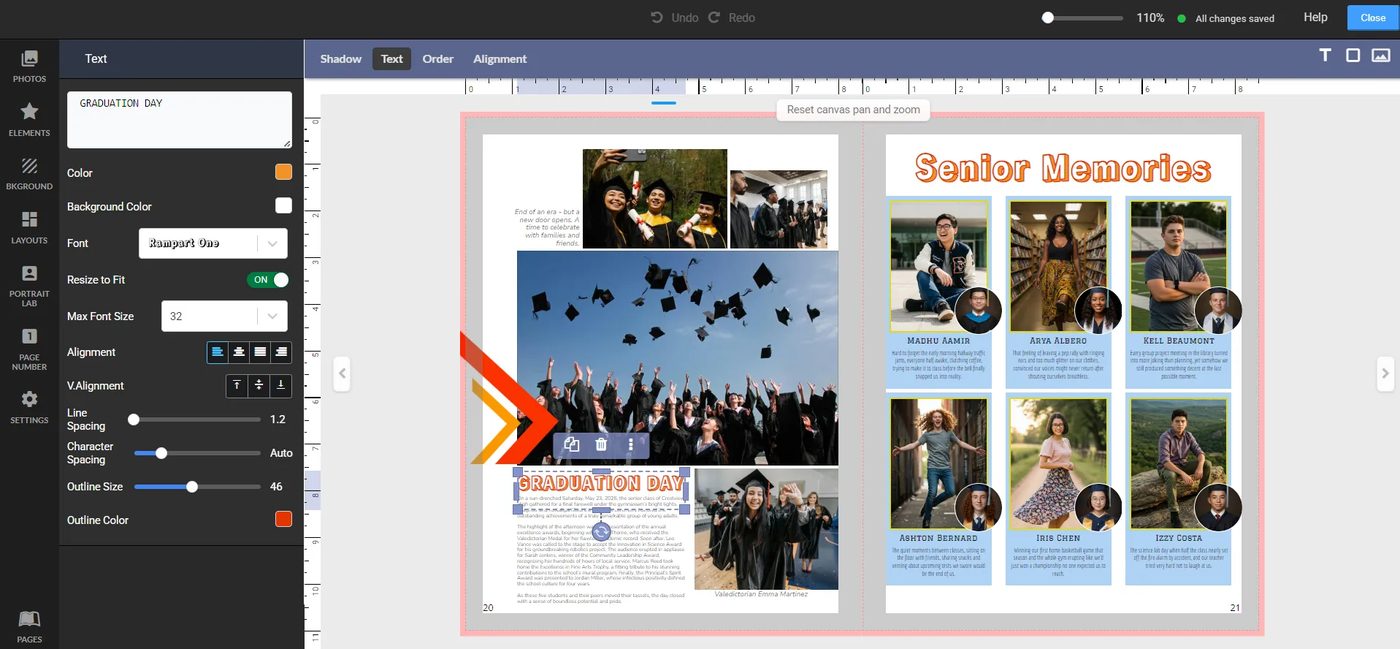 A school yearbook spread being built in DLS yearbook software using student portraits from picture day